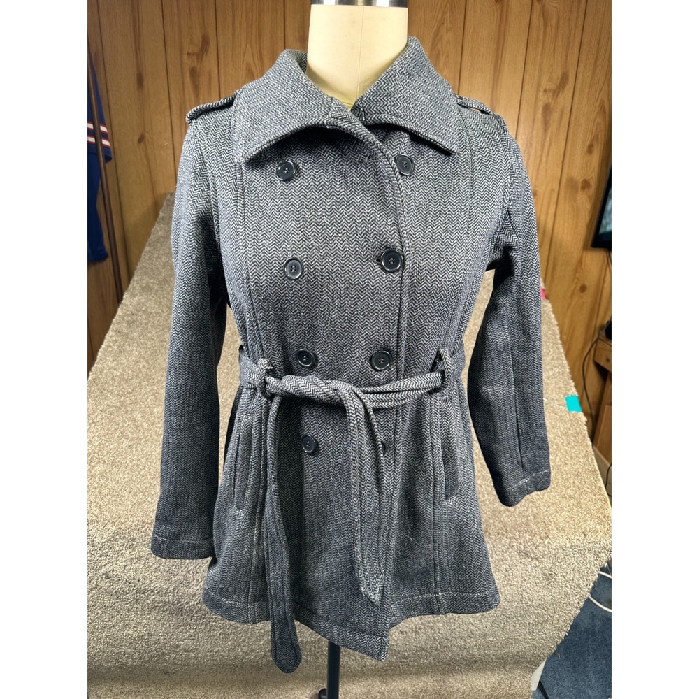 Torrid Jacket Womens 0 Gray Herringbone Double‎ Breasted Belted Fleece Trench